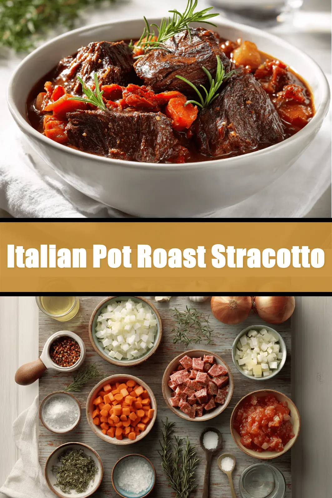 Italian Pot Roast Stracotto in rustic bowl on white cloth napkin with glass of water_pin