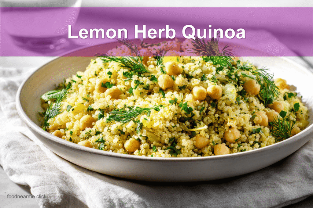 Lemon Herb Quinoa with Chickpeas beautifully presented on a white napkin with a glass of water