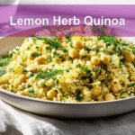 Lemon Herb Quinoa with Chickpeas beautifully presented on a white napkin with a glass of water
