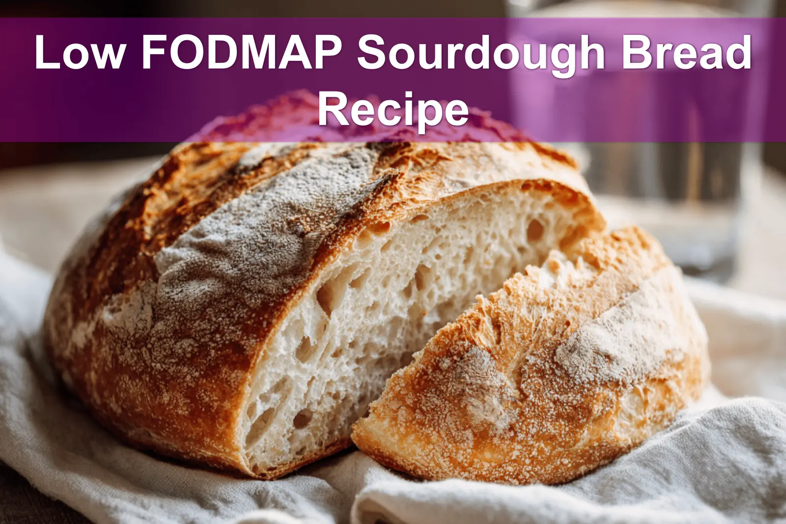 Low FODMAP Sourdough Bread Recipe finished loaf on white napkin and glass of water