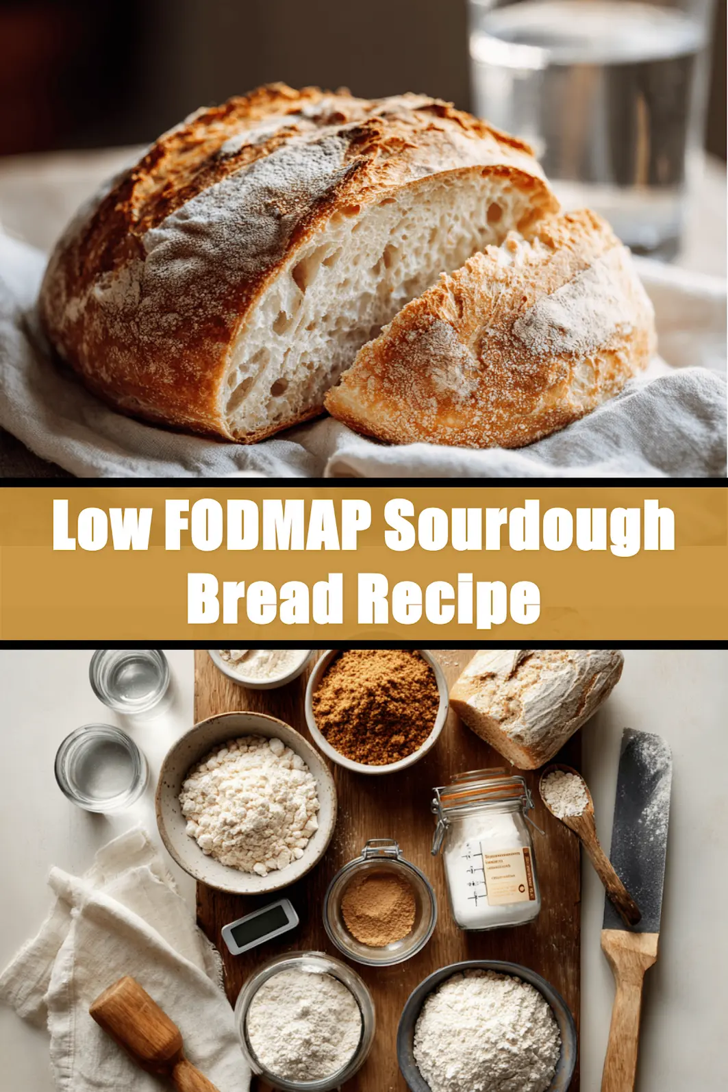 Low FODMAP Sourdough Bread Recipe finished loaf on white napkin and glass of water_pin