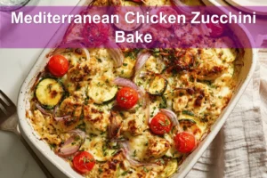 Mediterranean Chicken Zucchini Bake golden melted cheese zucchini cherry tomatoes herbs on cloth