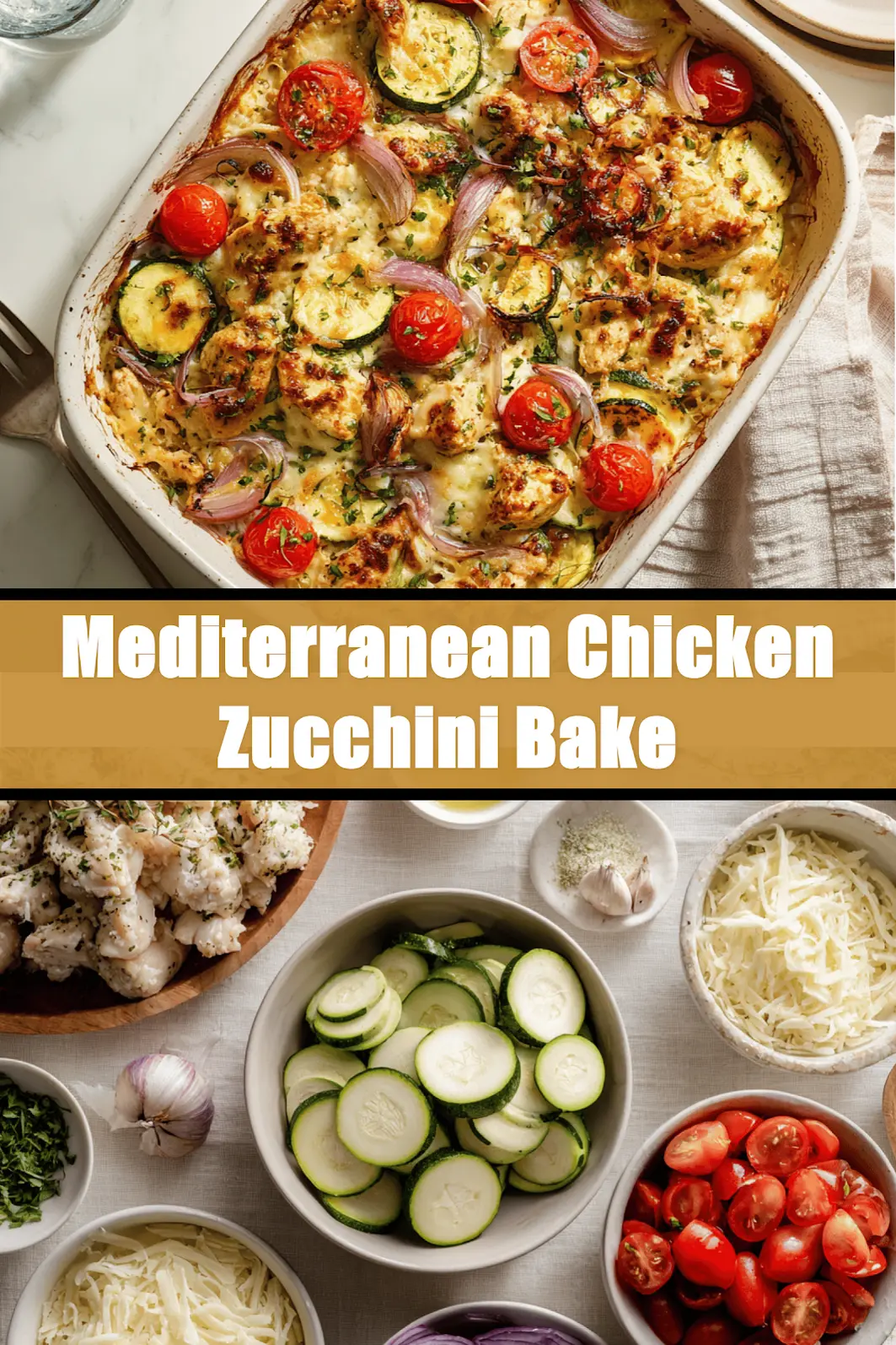 Mediterranean Chicken Zucchini Bake golden melted cheese zucchini cherry tomatoes herbs on cloth_pin