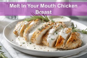 Melt In Your Mouth Chicken Breast plated with creamy white sauce and grated hard cheese warm lighting