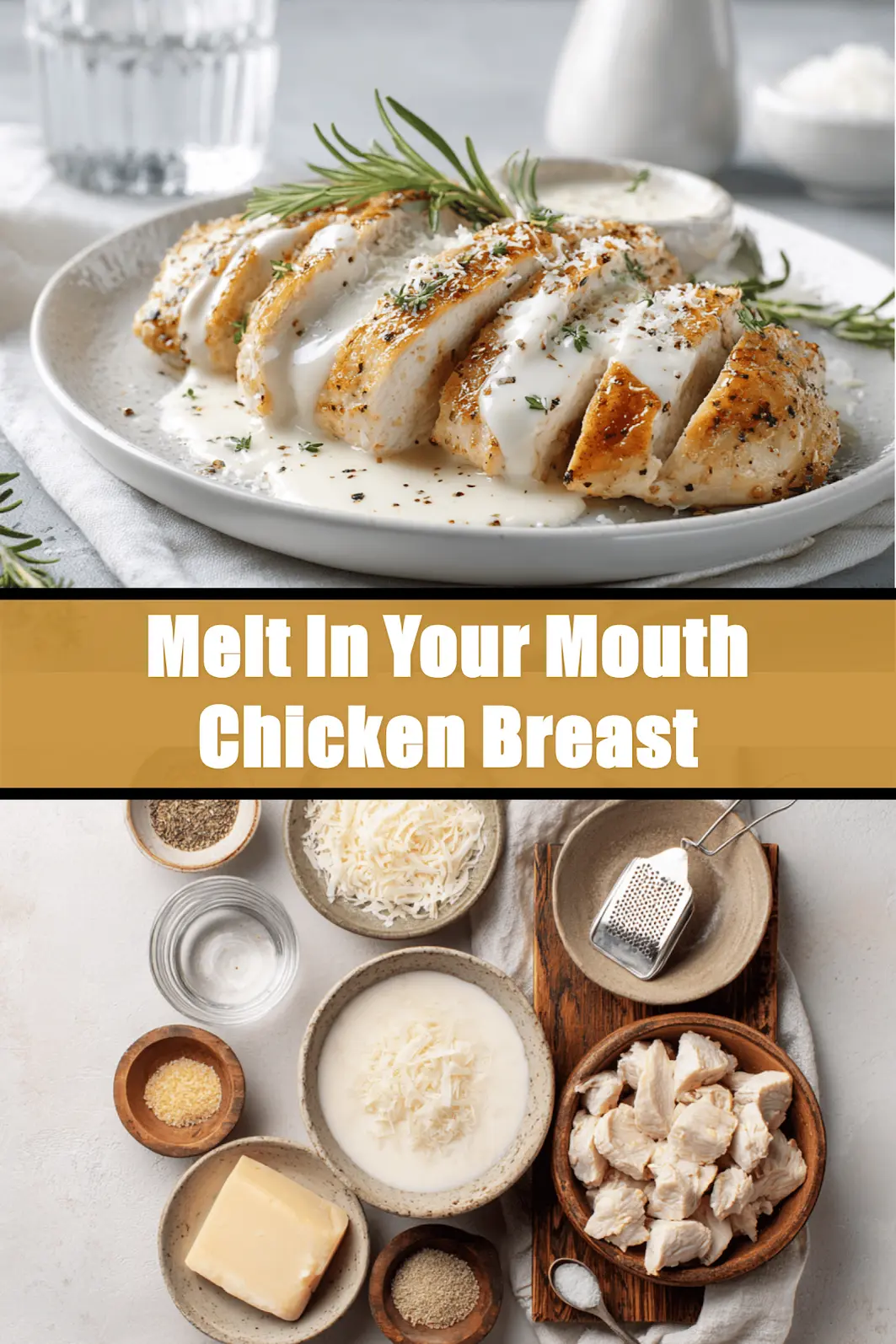 Melt In Your Mouth Chicken Breast plated with creamy white sauce and grated hard cheese warm lighting_pin
