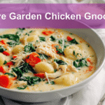 Warm bowl of Olive Garden Chicken Gnocchi Soup with gnocchi, spinach, and chicken in rich broth