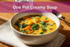 One Pot Creamy Soup in white bowl with fresh herbs, water glass beside, warm tones