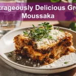Outrageously Delicious Greek Moussaka with golden topping fresh herbs clean white napkin