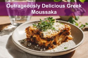 Outrageously Delicious Greek Moussaka with golden topping fresh herbs clean white napkin