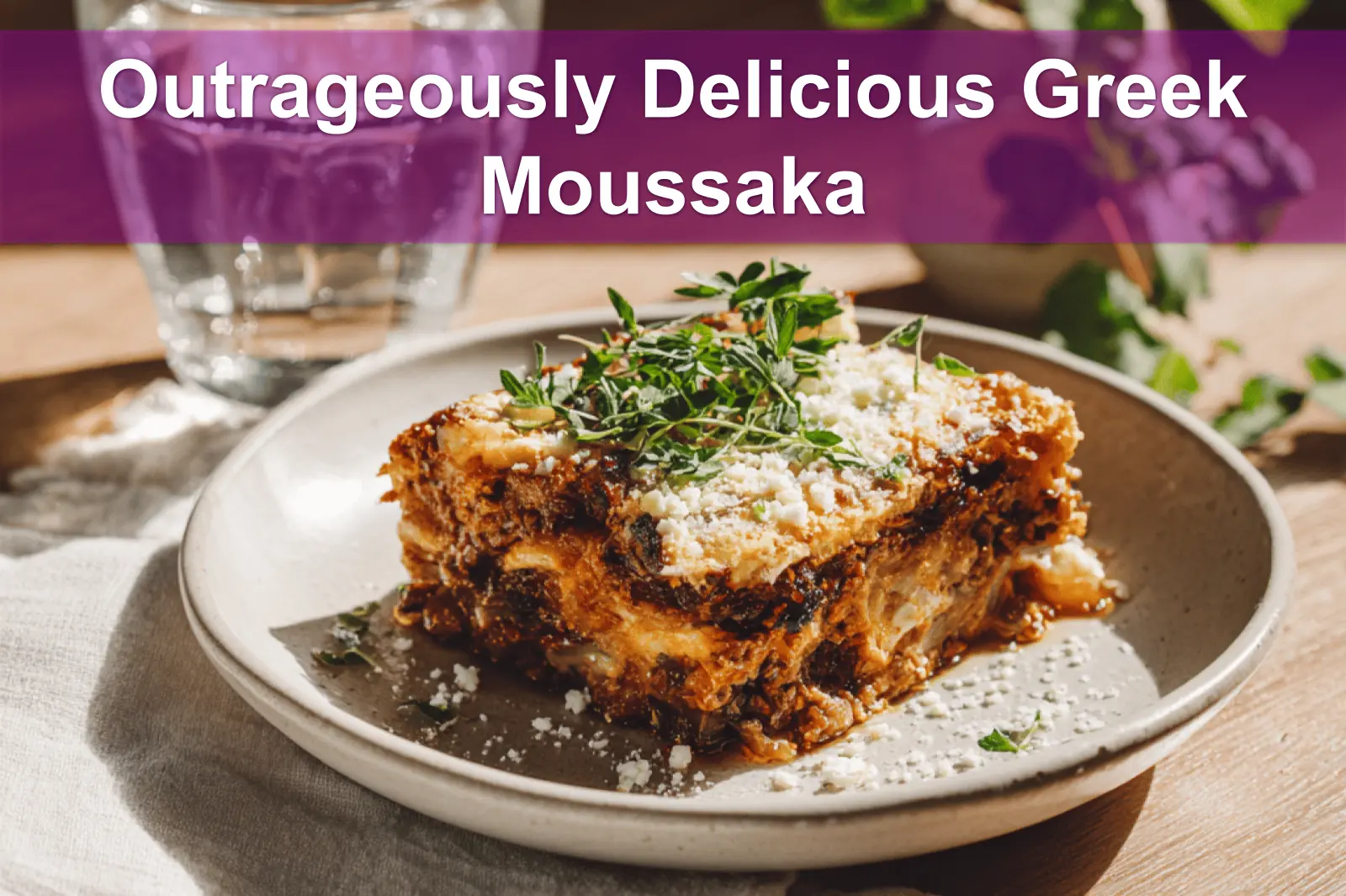 Outrageously Delicious Greek Moussaka with golden topping fresh herbs clean white napkin