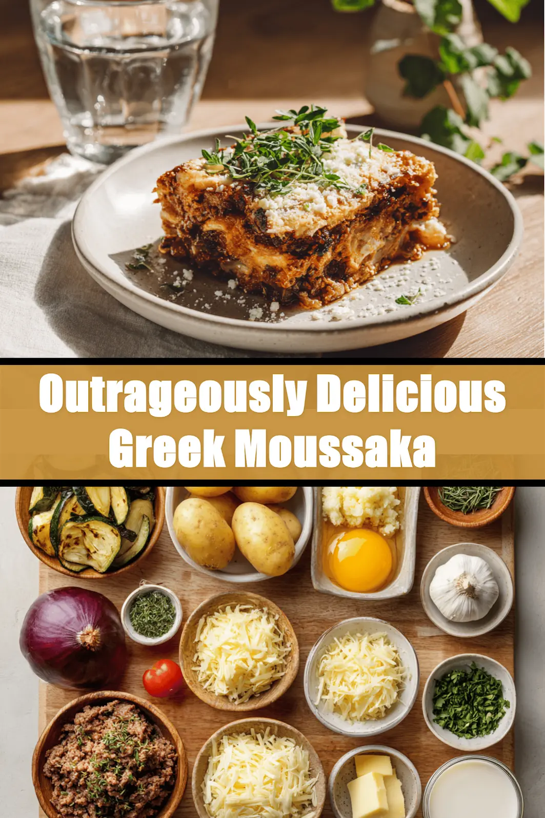 Outrageously Delicious Greek Moussaka with golden topping fresh herbs clean white napkin_pin