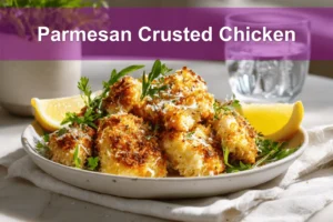 Golden Parmesan Crusted Chicken with lemon wedges and fresh herbs on a crisp white napkin.