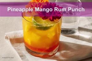 Pineapple Mango Rum Punch in a vibrant tropical setup with garnishes