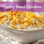 Poppy Seed Chicken casserole served with creamy sauce and crushed crackers on a clean table.