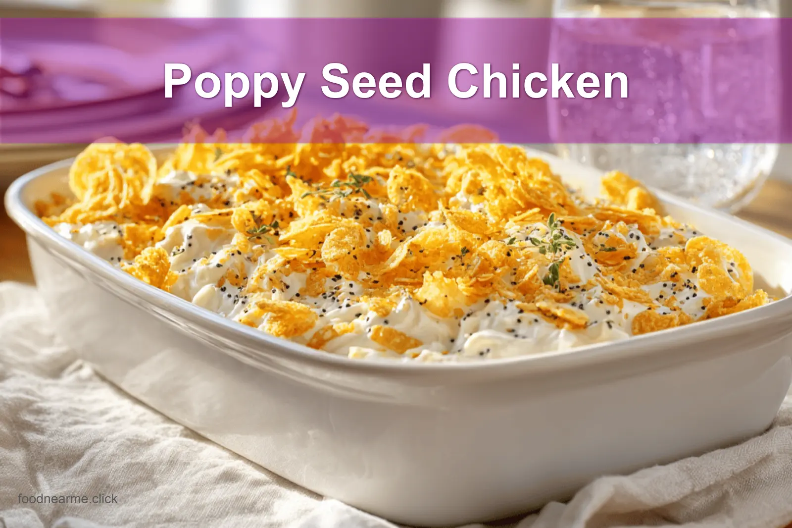 Poppy Seed Chicken casserole served with creamy sauce and crushed crackers on a clean table.