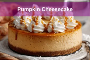Pumpkin Cheesecake on white napkin with caramel sauce and whipped cream