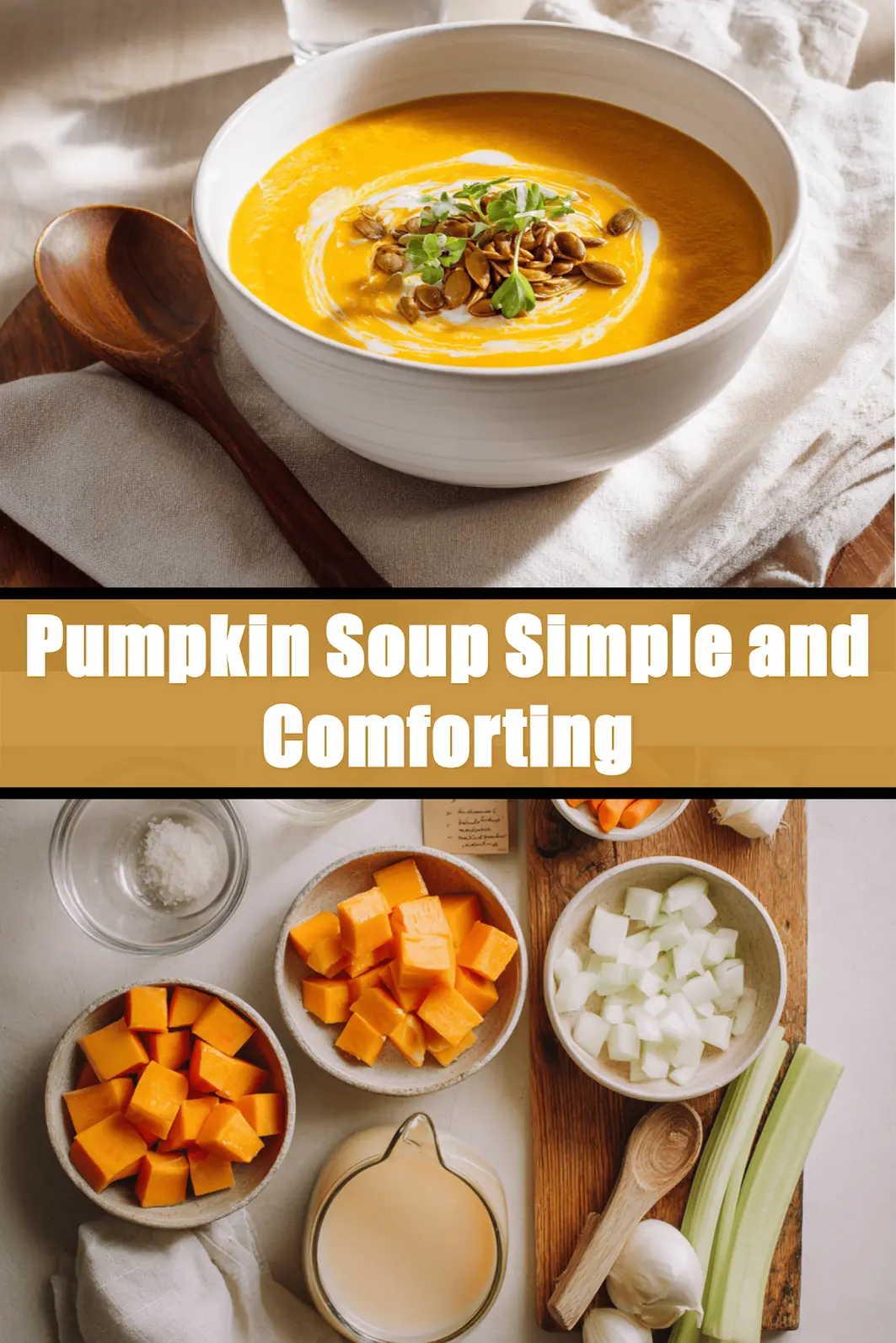 Pumpkin Soup Simple and Comforting creamy bowl on white cloth with glass of water_pin