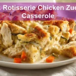 Quick Rotisserie Chicken Zucchini Casserole Delight 7 Quick Rotisserie Chicken Zucchini Casserole warm bake on white cloth beside glass of water