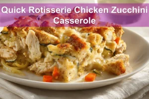 Quick Rotisserie Chicken Zucchini Casserole warm bake on white cloth beside glass of water