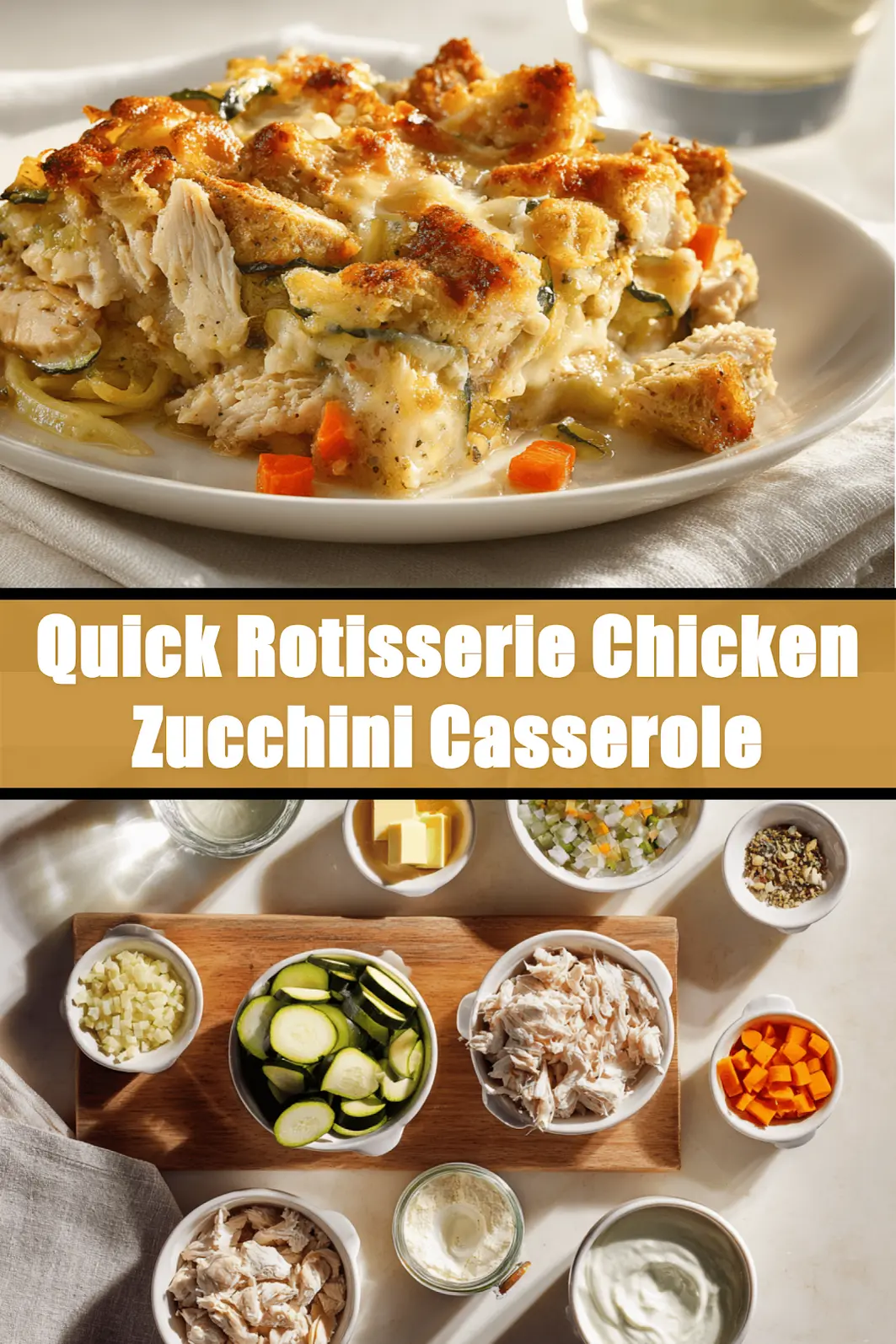 Quick Rotisserie Chicken Zucchini Casserole Delight 6 Quick Rotisserie Chicken Zucchini Casserole warm bake on white cloth beside glass of water_pin