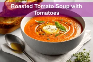 Roasted Tomato Soup with Tomatoes in bowl with grilled cheese basil under warm natural light