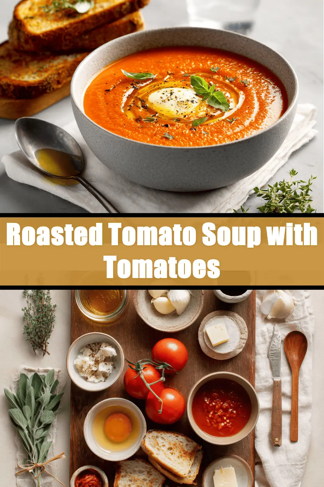 Roasted Tomato Soup with Tomatoes in bowl with grilled cheese basil under warm natural light_pin