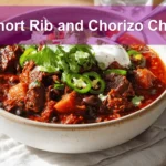 Short Rib and Chorizo Chili served with toppings in a rustic bowl, styled on white napkin.