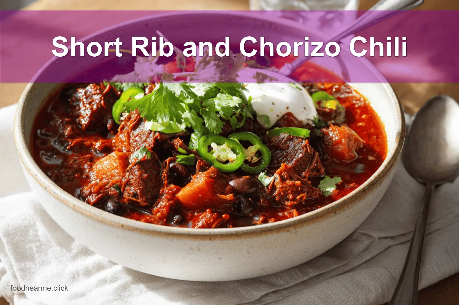 Short Rib and Chorizo Chili served with toppings in a rustic bowl, styled on white napkin.