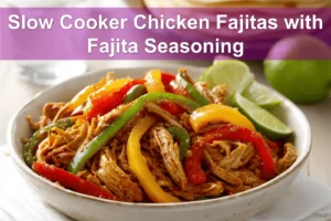 Slow Cooker Chicken Fajitas with Fajita Seasoning served with peppers onions tortillas and fresh limes