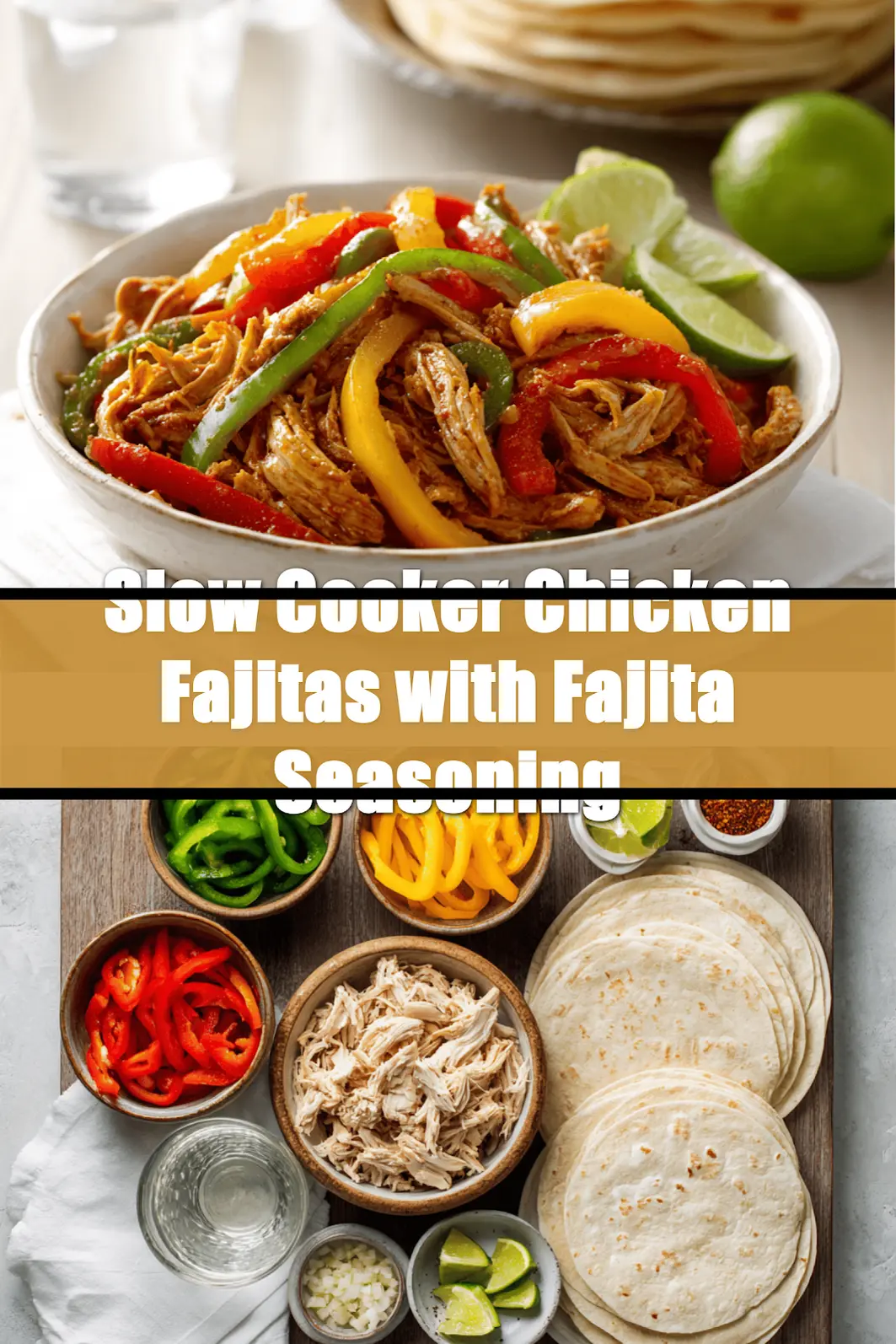 Slow Cooker Chicken Fajitas with Fajita Seasoning served with peppers onions tortillas and fresh limes_pin