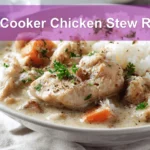 Slow Cooker Chicken Stew Recipe warm bowl on white cloth napkin with glass of water