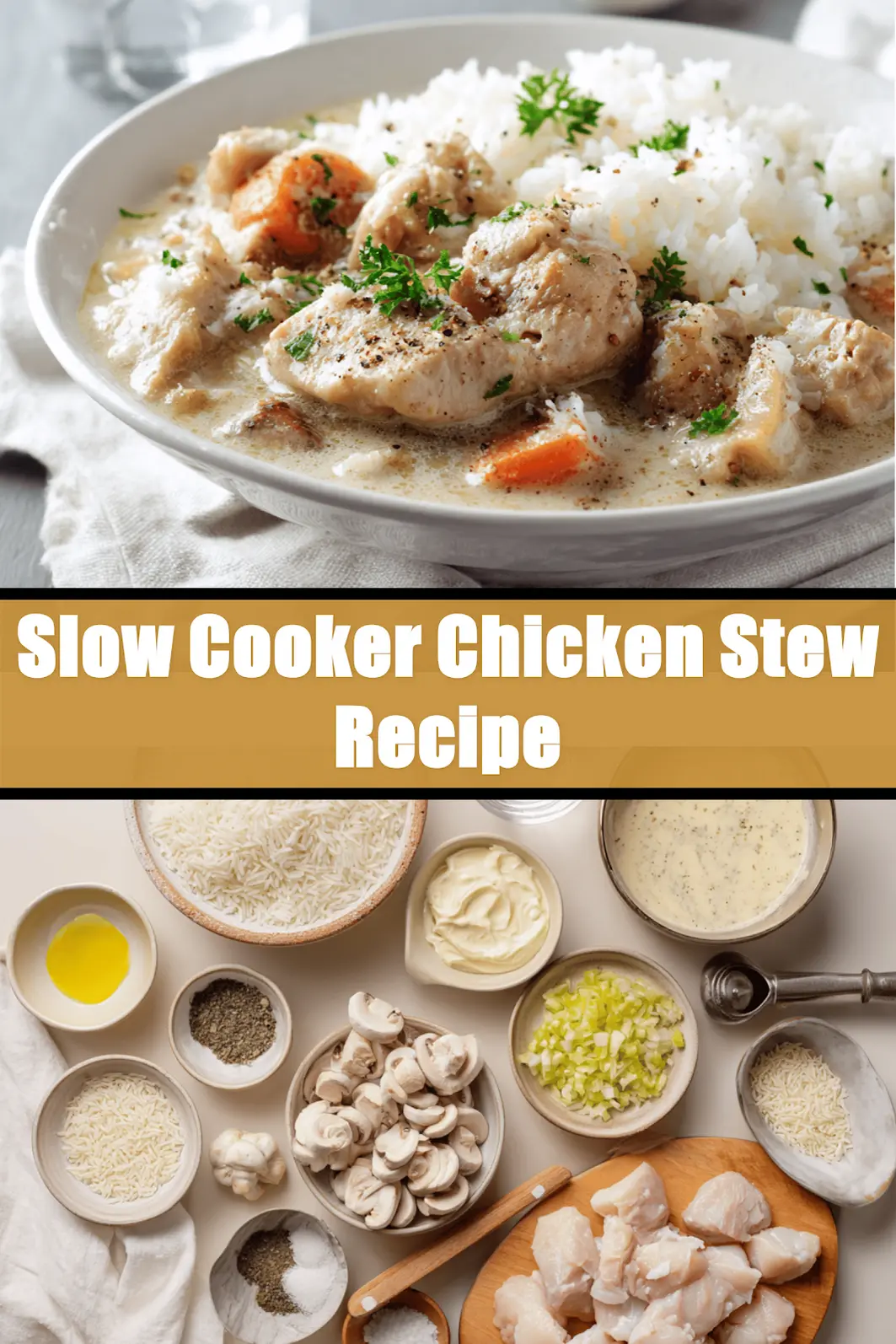 Slow Cooker Chicken Stew Recipe warm bowl on white cloth napkin with glass of water_pin