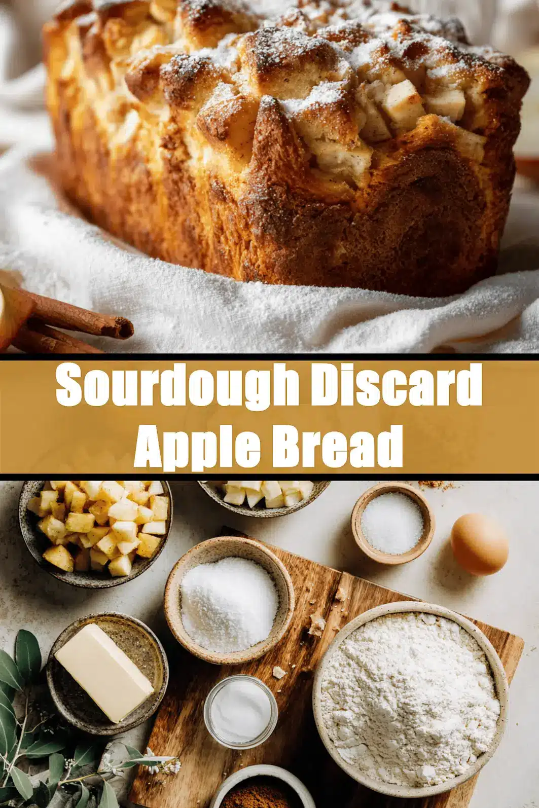 Sourdough Discard Apple Bread with cinnamon, apples, and powdered sugar, warm golden tones._pin