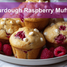 Sweet sourdough raspberry and white chocolate chip muffins.
