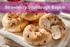Strawberry Sourdough Bagels on white napkin with water glass beside them