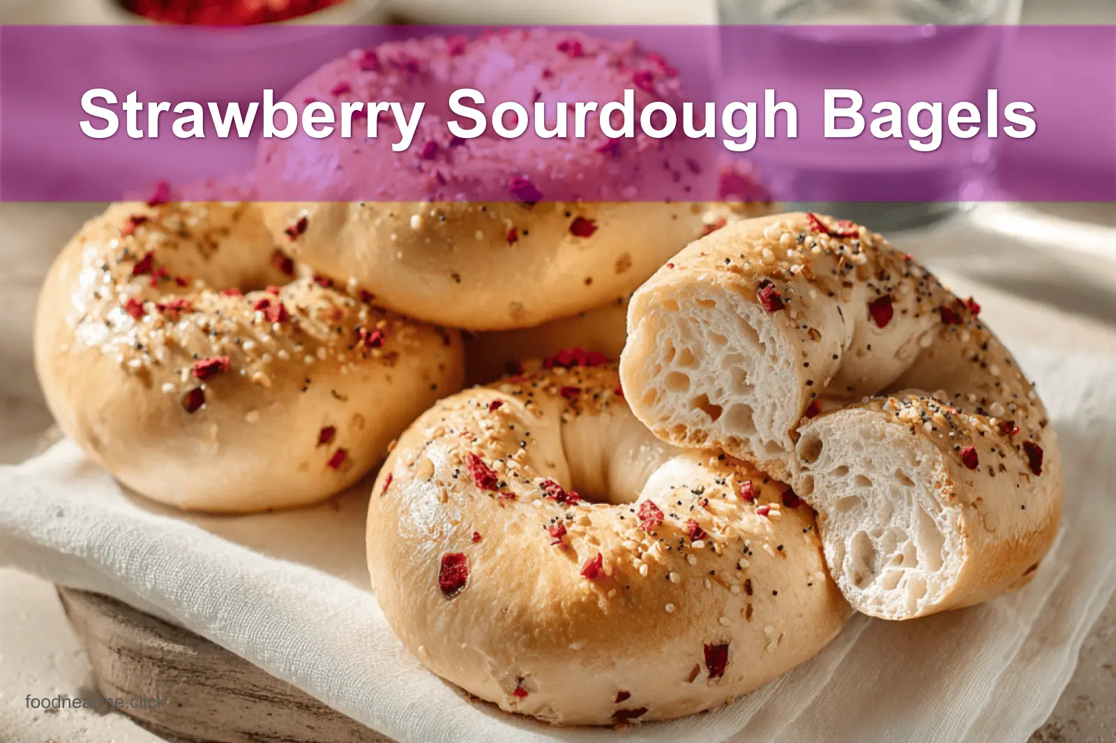 Strawberry Sourdough Bagels on white napkin with water glass beside them