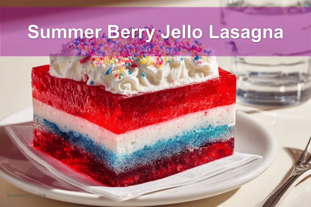 Summer Berry Jello Lasagna dessert with colorful layers on a white napkin and glass of water.