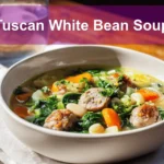 Tuscan White Bean Soup in a white bowl under warm natural light.