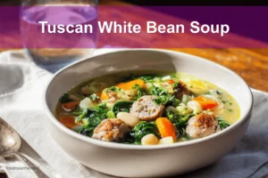 Tuscan White Bean Soup in a white bowl under warm natural light.