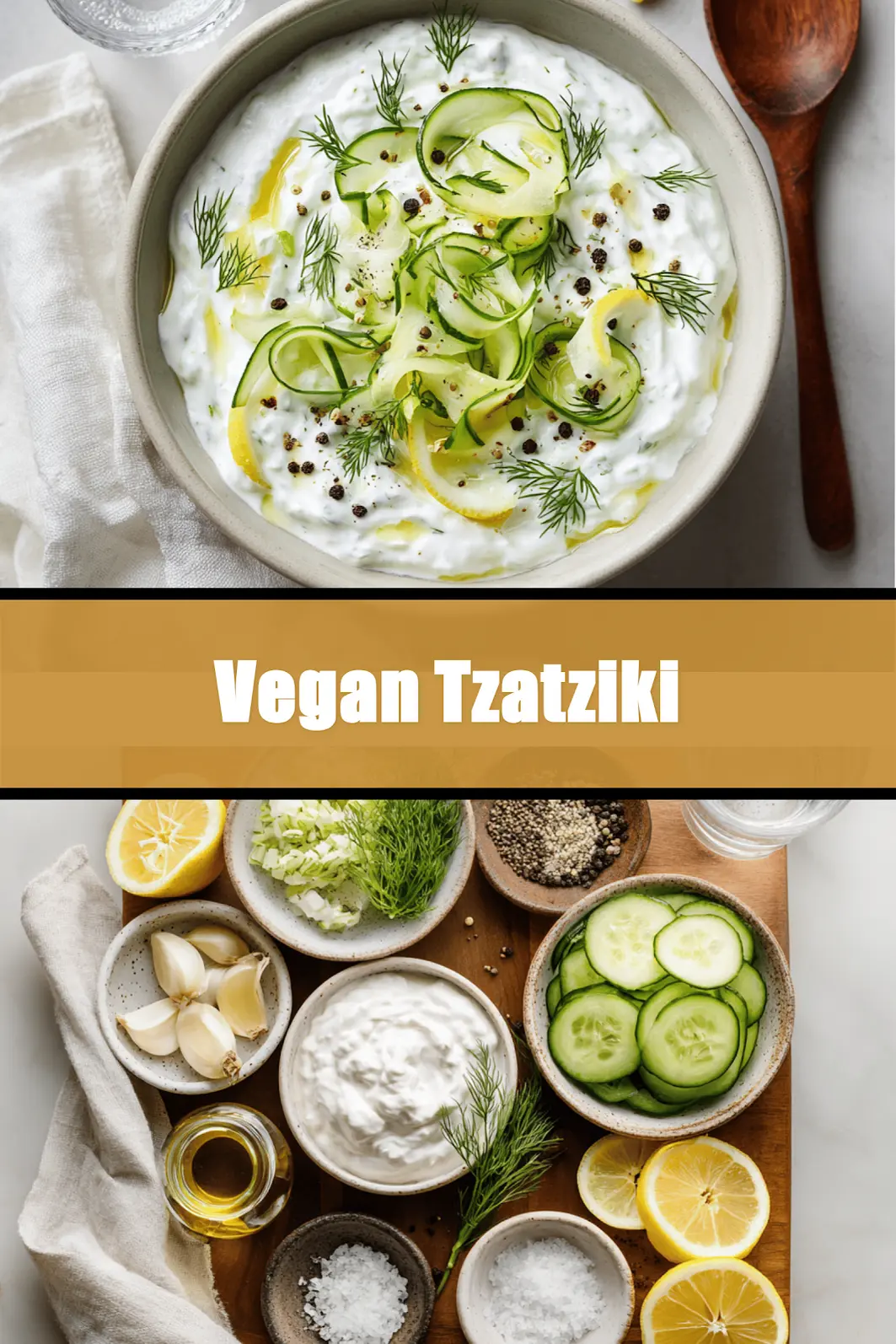 Vegan Tzatziki in ceramic bowl with cucumber dill lemon and olive oil drizzle_pin