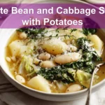 White Bean and Cabbage Soup with Potatoes in rustic bowl garnished with thyme and grated cheese