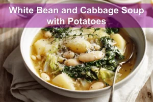 White Bean and Cabbage Soup with Potatoes in rustic bowl garnished with thyme and grated cheese