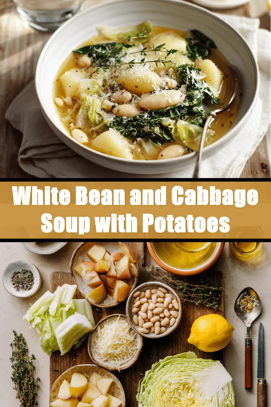 White Bean and Cabbage Soup with Potatoes in rustic bowl garnished with thyme and grated cheese_pin