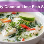 Zesty Coconut Lime Fish Soup in creamy broth garnished with lime zest and herbs