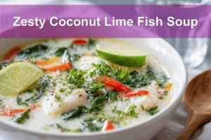 Zesty Coconut Lime Fish Soup in creamy broth garnished with lime zest and herbs
