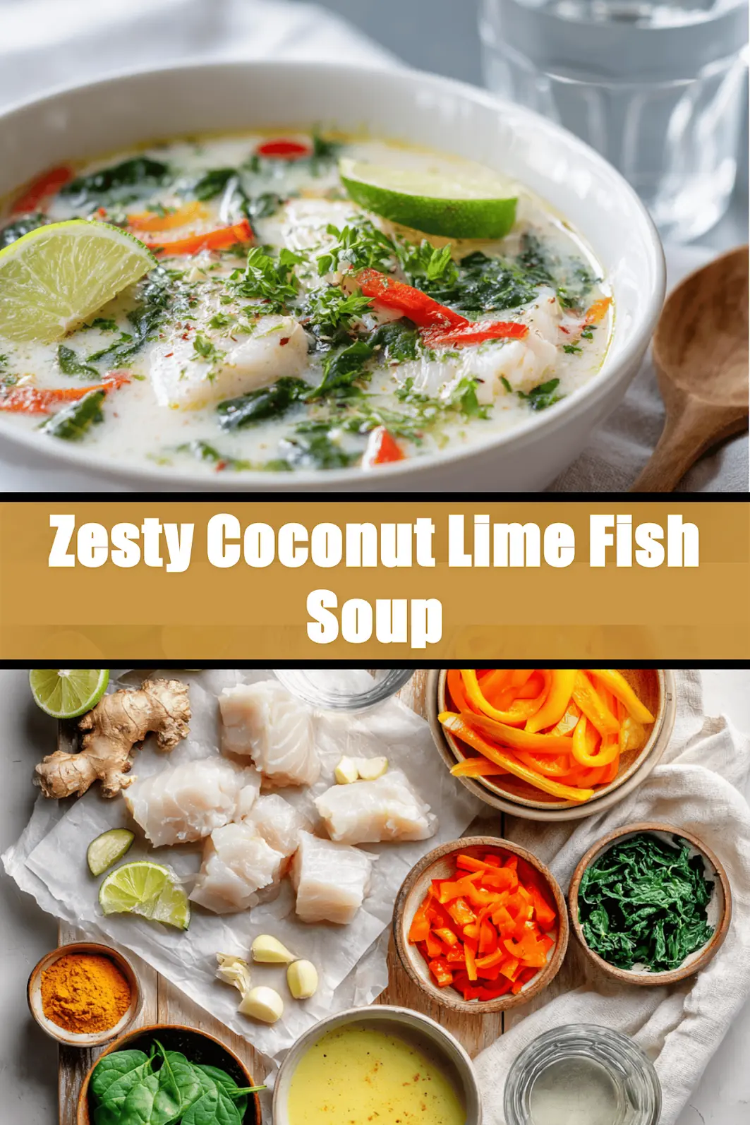 Zesty Coconut Lime Fish Soup in creamy broth garnished with lime zest and herbs_pin