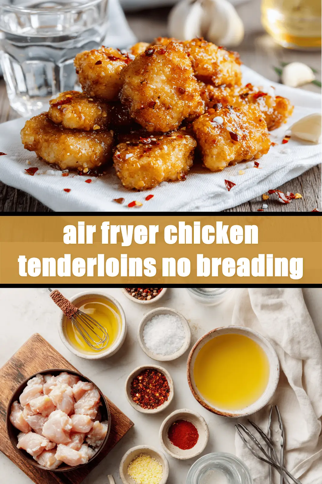 air fryer chicken tenderloins no breading plated golden glazed pieces with red pepper flakes_pin