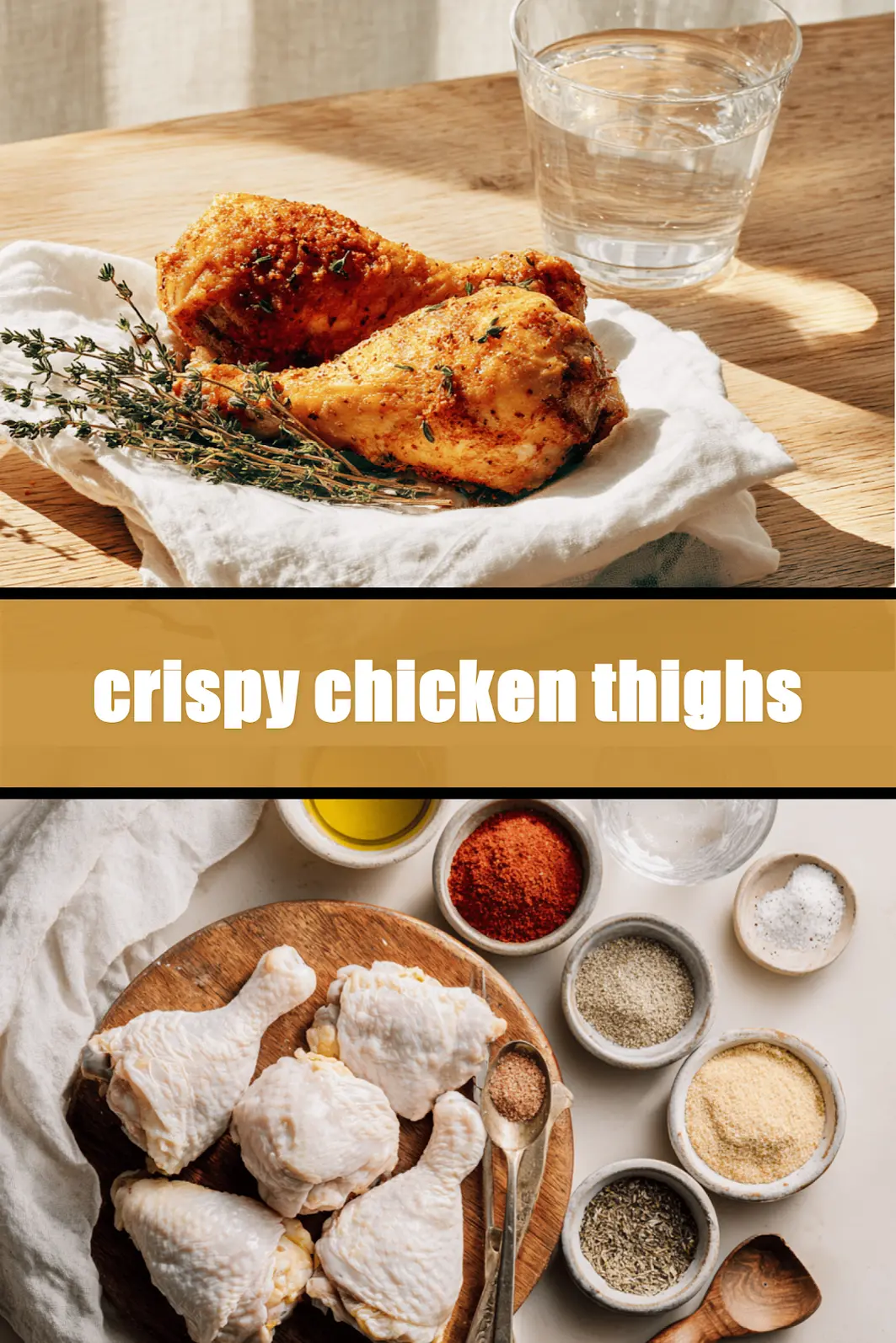 Crispy chicken thighs plated on white cloth with clear glass of water warm natural light_pin