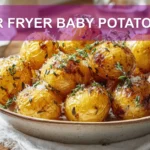 AIR FRYER BABY POTATOES golden roasted baby potatoes on white napkin with water glass