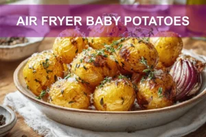 AIR FRYER BABY POTATOES golden roasted baby potatoes on white napkin with water glass